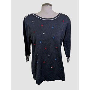 La Madona Fine Knit Sweater Black Embroidered Heart Print Womens XL Fun Cute